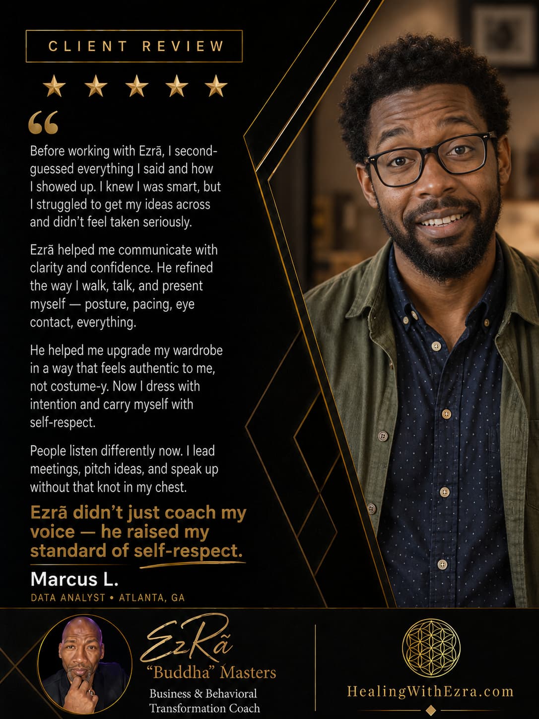 Five-star client review from Marcus L., Data Analyst in Atlanta, GA, about coaching with Ezra “Buddha” Masters