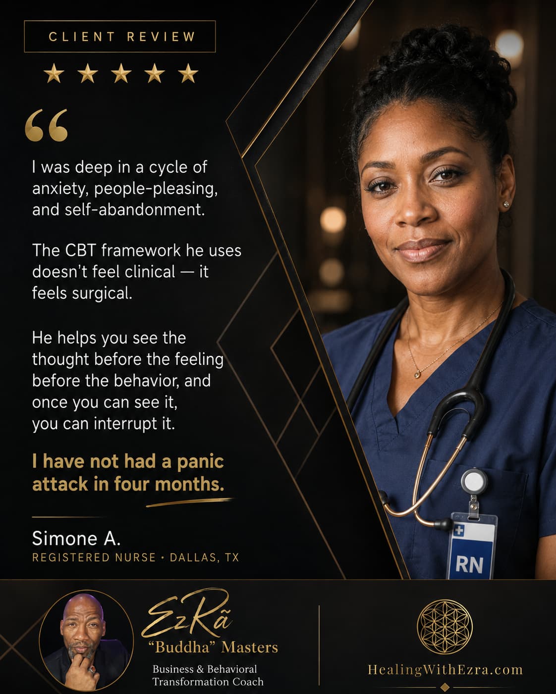 Five-star client review from Simone A., Registered Nurse in Dallas, TX, about coaching with Ezra “Buddha” Masters