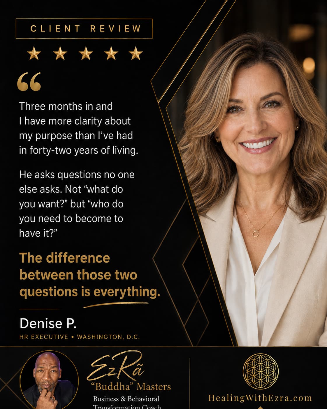 Five-star client review from Denise P., HR Executive in Washington, D.C., about coaching with Ezra “Buddha” Masters
