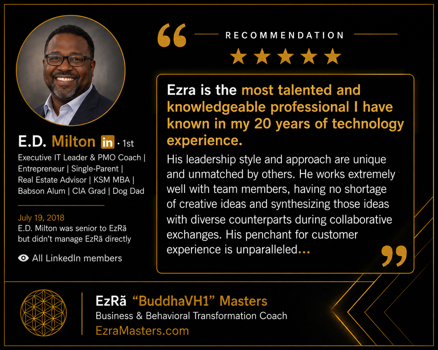 Professional recommendation from Elton M. for Ezra Buddha Masters