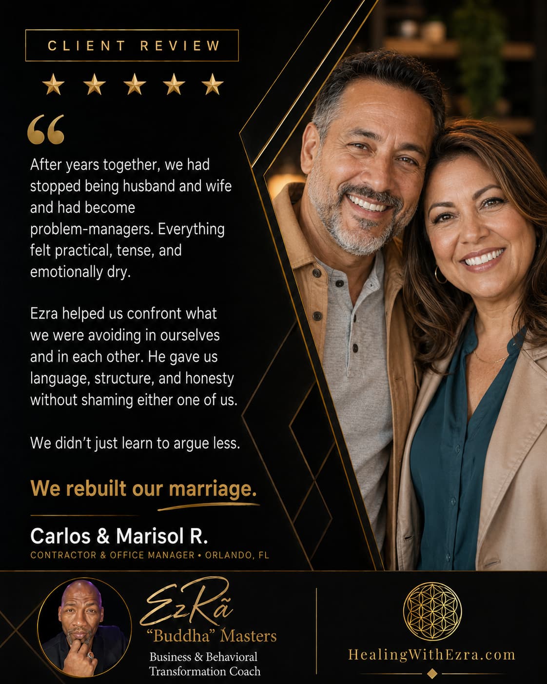 Five-star client review from Carlos & Marisol R., Contractor & Office Manager in Orlando, FL, about coaching with Ezra “Buddha” Masters