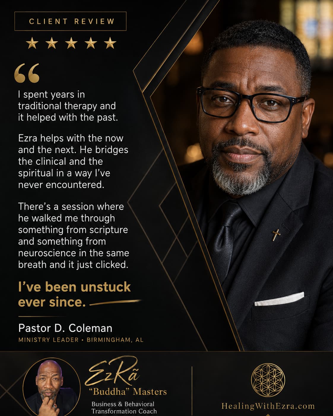 Five-star client review from Pastor D. Coleman, Ministry Leader in Birmingham, AL, about coaching with Ezra “Buddha” Masters