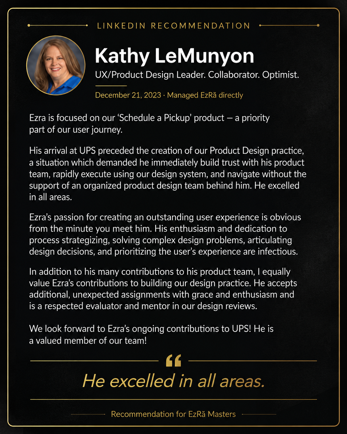 Professional recommendation from Kathy L. for Ezra Buddha Masters
