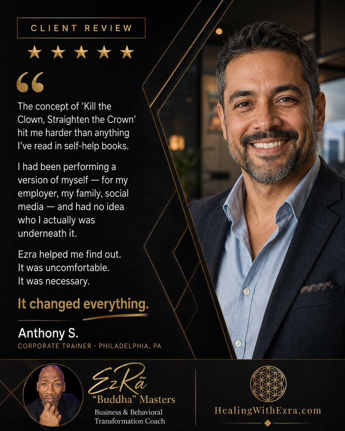 Five-star client review from Anthony S., Corporate Trainer in Philadelphia, PA, about coaching with Ezra “Buddha” Masters