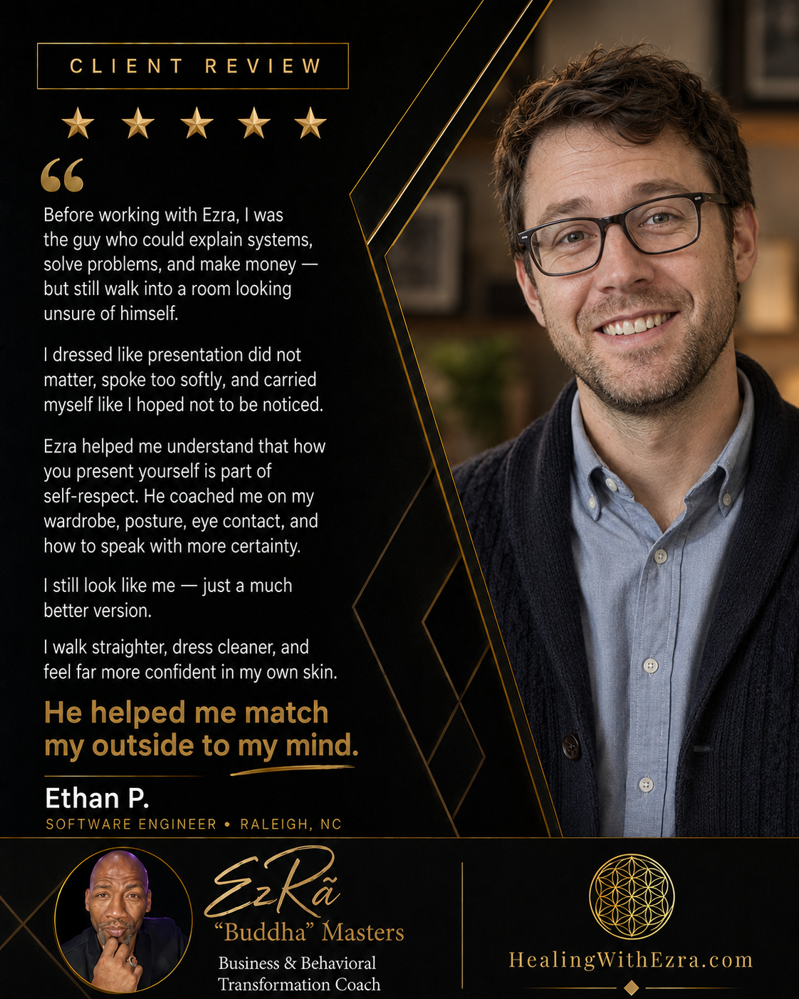 Five-star client review from Ethan P., Software Engineer in Raleigh, NC, about coaching with Ezra “Buddha” Masters