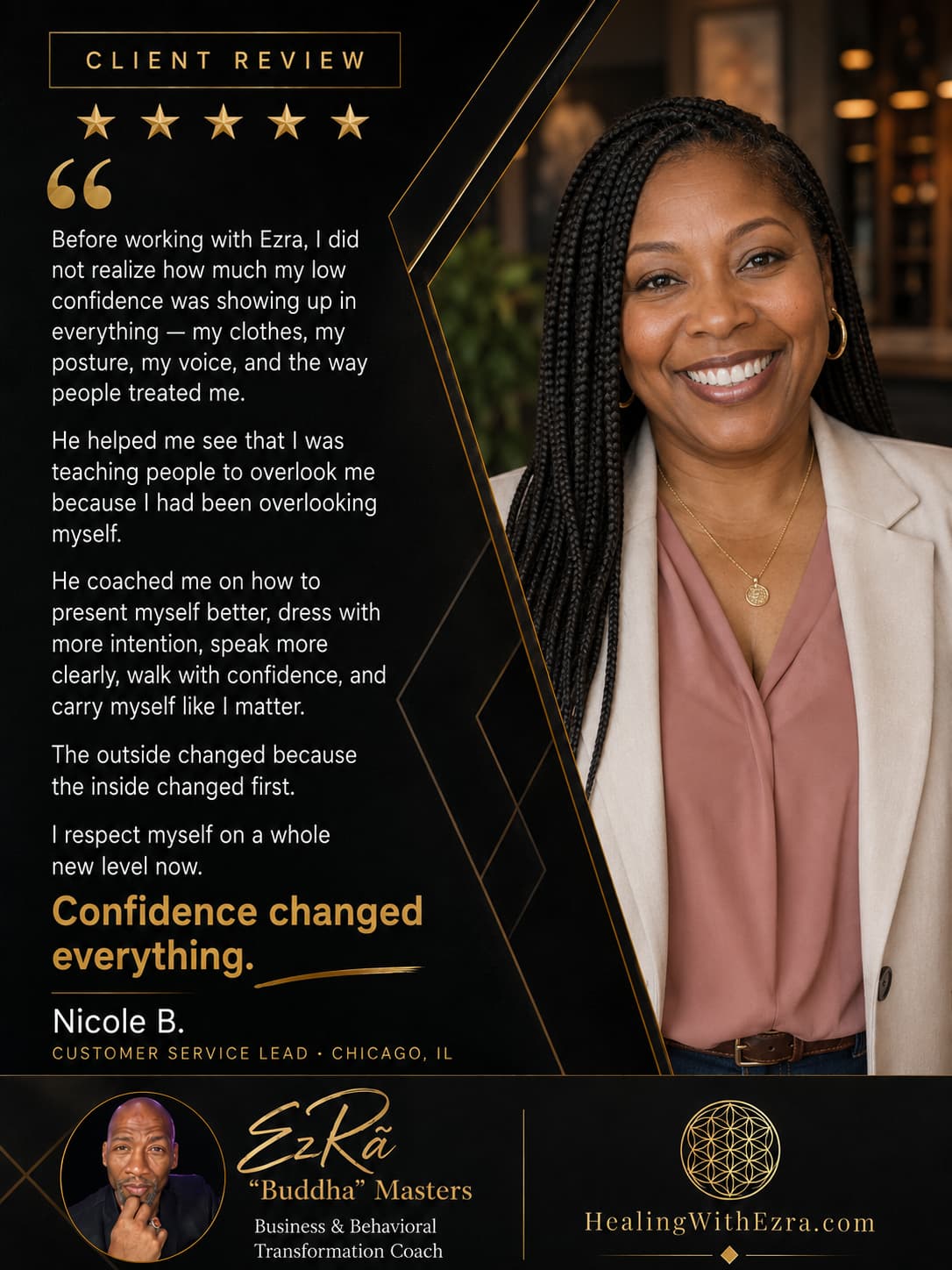 Five-star client review from Nicole B., Customer Service Lead in Chicago, IL, about coaching with Ezra “Buddha” Masters