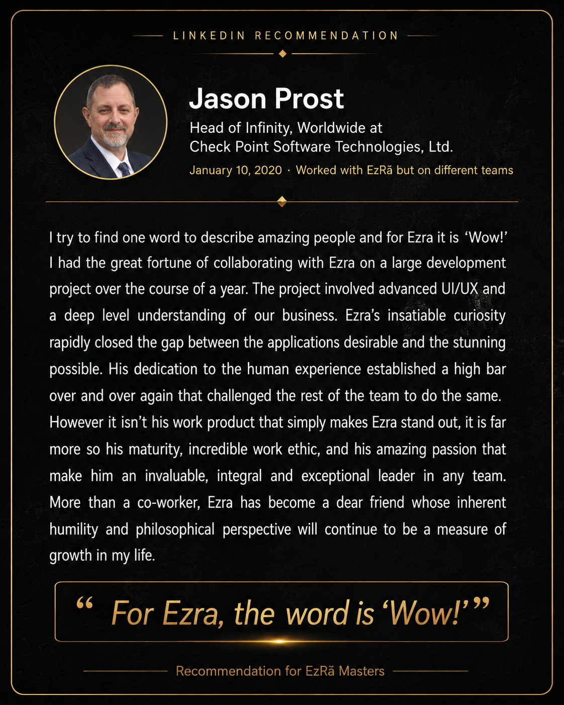 Professional recommendation from Jason P. for Ezra Buddha Masters