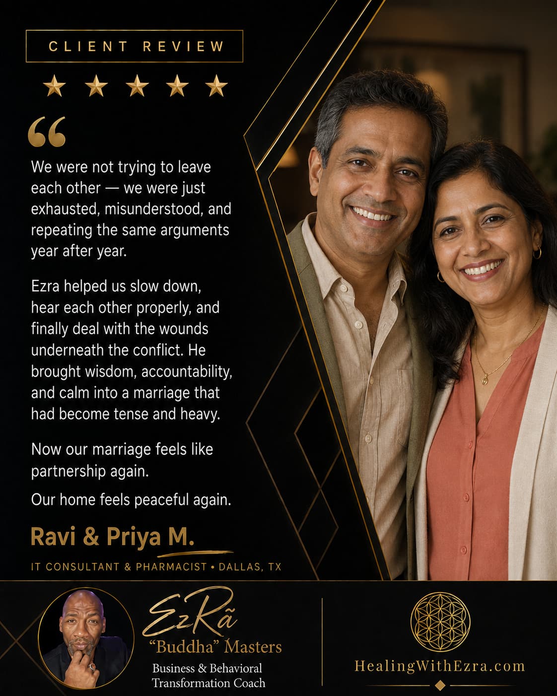 Five-star client review from Ravi & Priya M., IT Consultant & Pharmacist in Dallas, TX, about coaching with Ezra “Buddha” Masters