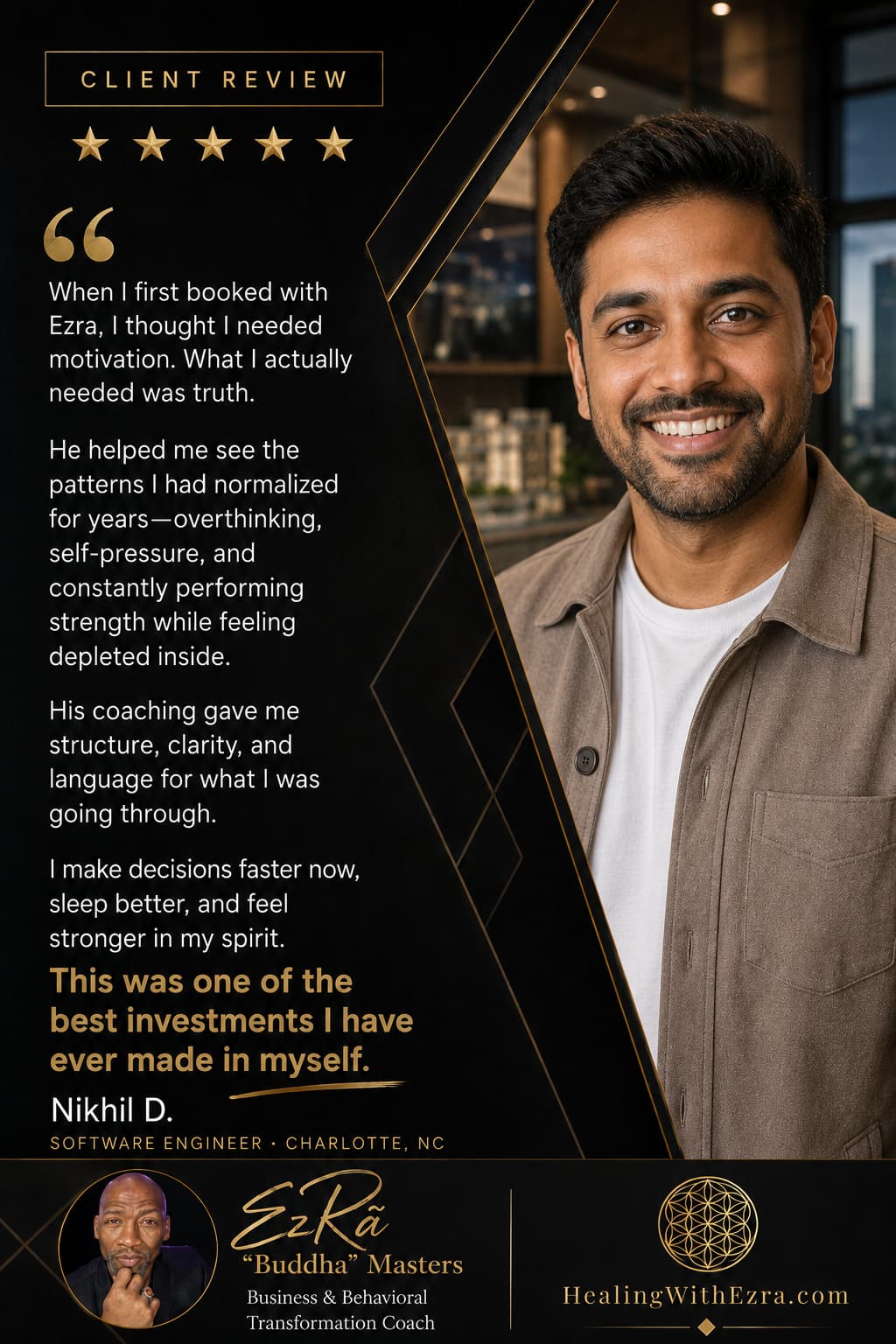 Five-star client review from Nikhil D., Software Engineer in Charlotte, NC, about coaching with Ezra “Buddha” Masters