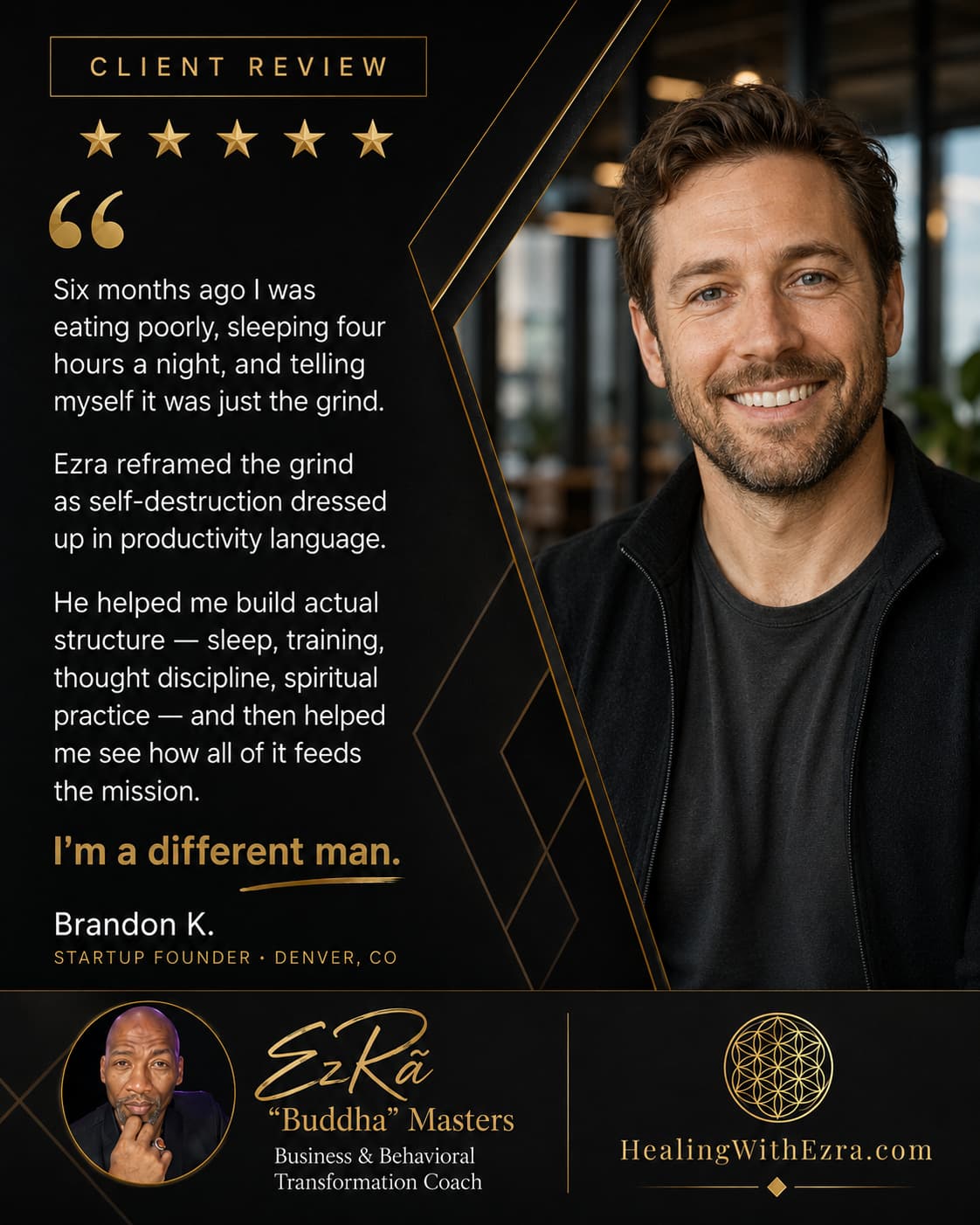 Five-star client review from Brandon K., Startup Founder in Denver, CO, about coaching with Ezra “Buddha” Masters