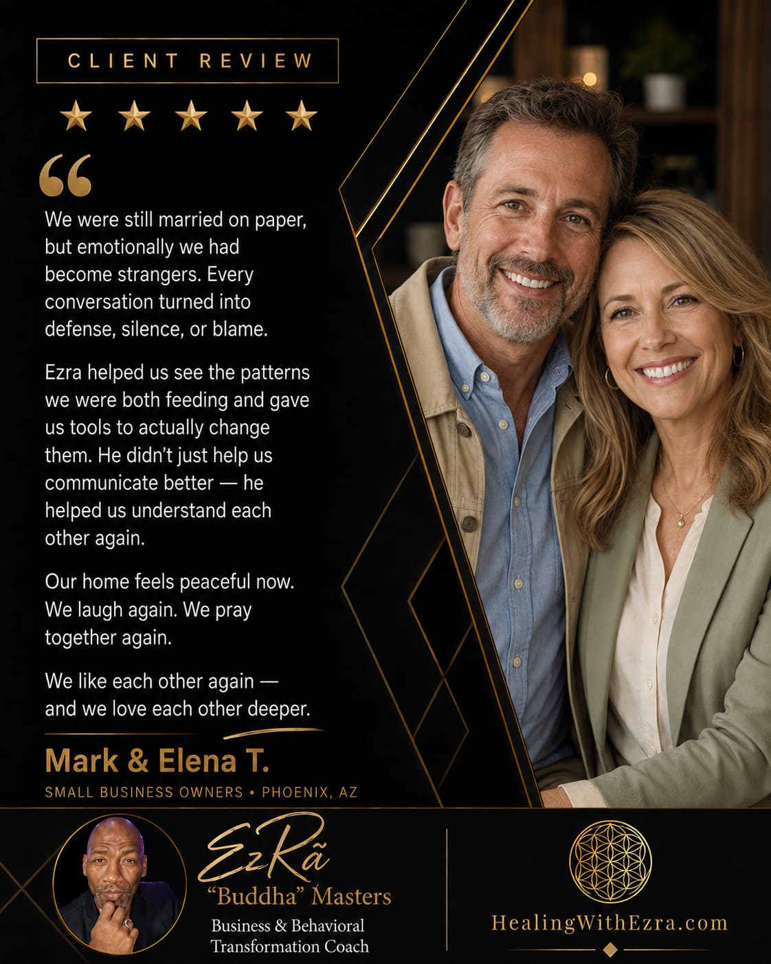 Five-star client review from Mark & Elena T., Small Business Owners in Phoenix, AZ, about coaching with Ezra “Buddha” Masters