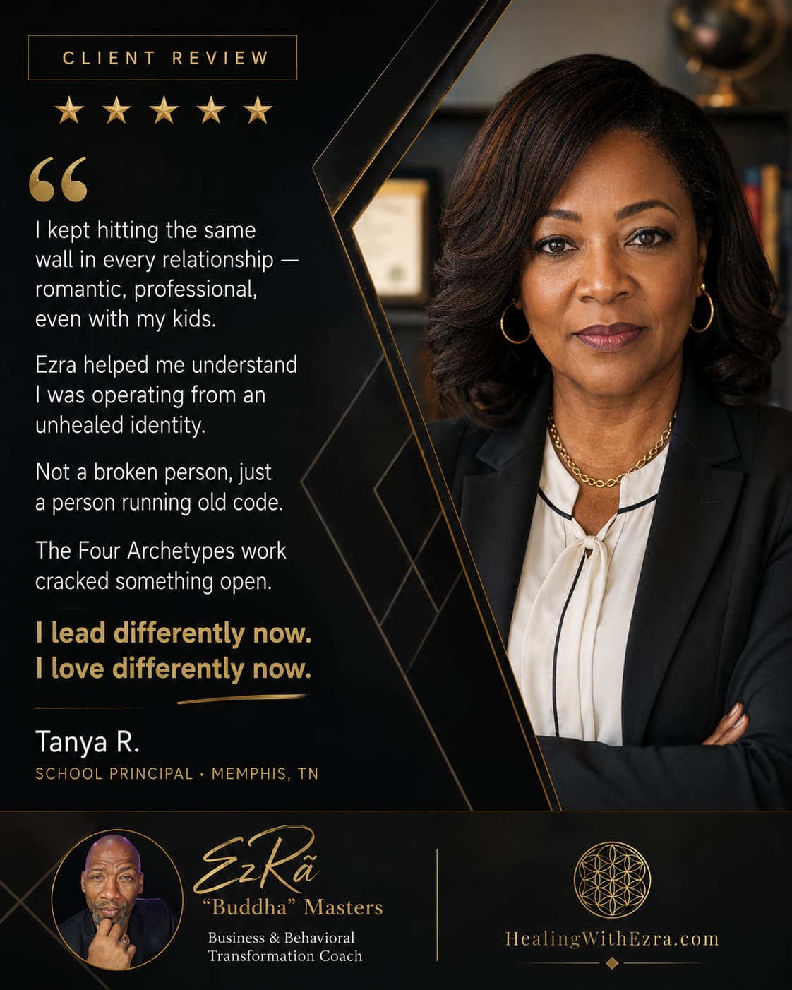 Five-star client review from Tanya R., School Principal in Memphis, TN, about coaching with Ezra “Buddha” Masters